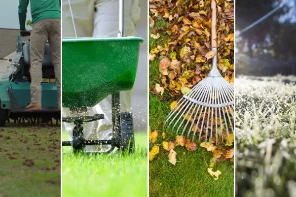 four panels of photos of changing seasons of lawn care, lawn care schedule